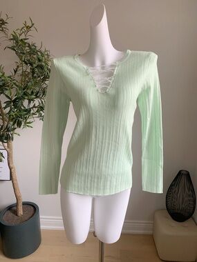 Mint Green Ribbed Knit Top Pearl Lace Up V Neck Soft S